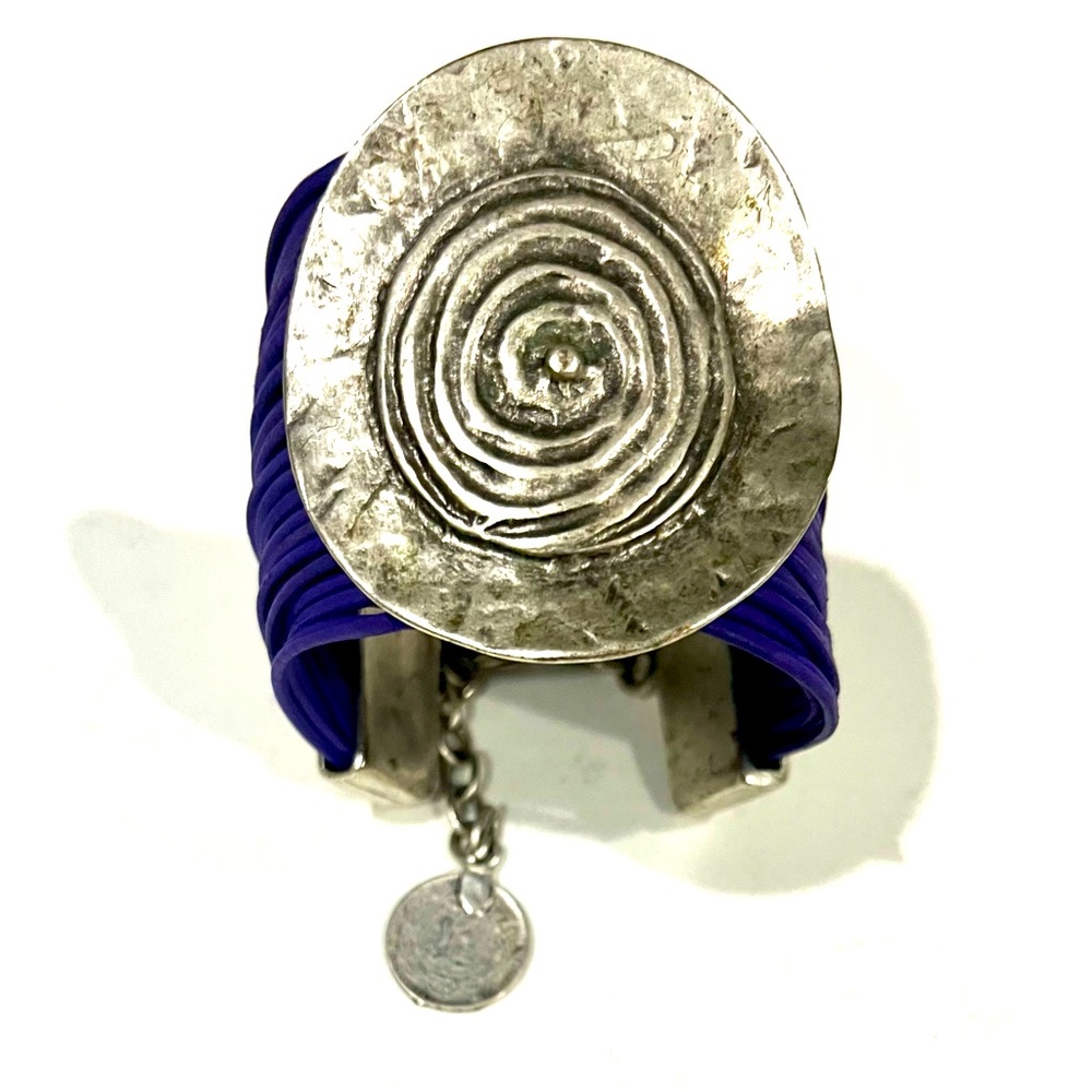 Vintage Spiral Pendant Multi Cord Bracelet, Purple & Silver, Statement Bracelet